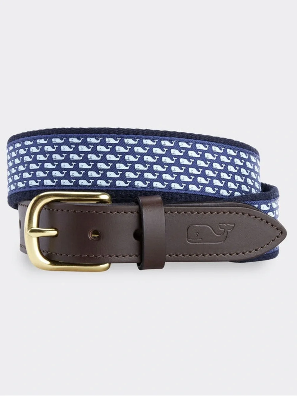 Vineyard Vines Navy Whale-Print Webbing Belt with Brown Leather Trim Size 30